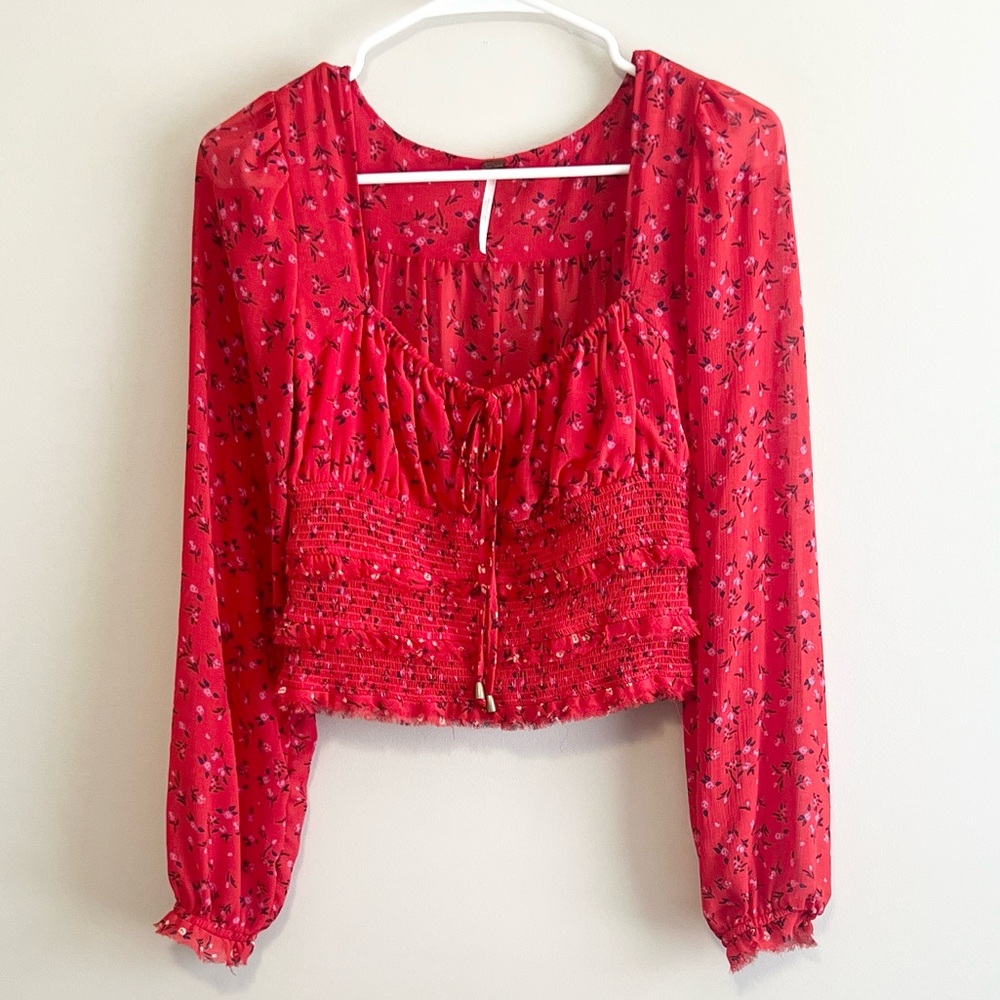 Free People Lolita Ruffled Long Sleeve Floral Crop Top